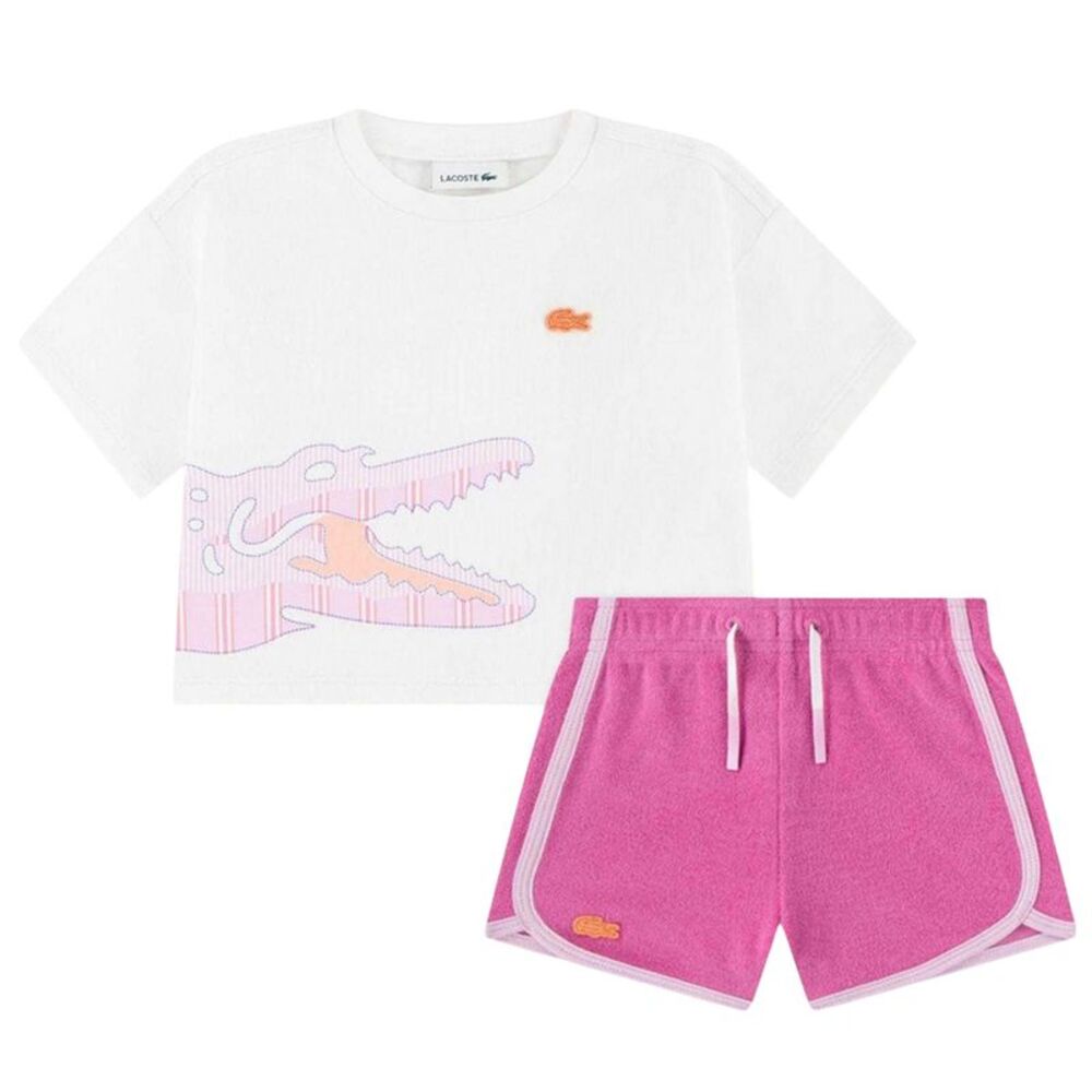Lacoste Baby Big Logo Cotton T-Shirt & Shorts Set / White/Pink